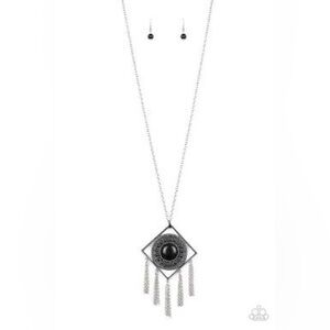 Modern Geometric Silver Necklace with Black Stone Pendant